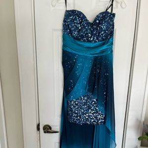 Navy blue and teal sequin high low homecoming or prom dress